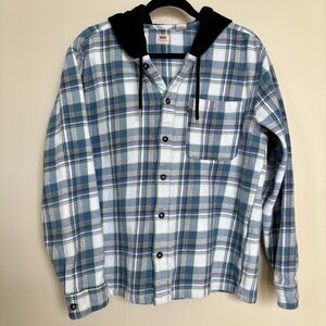 Hooded Flannel Shirt Jacket Blue Plaid Woven Cotton Shacket Levi’s Mens L